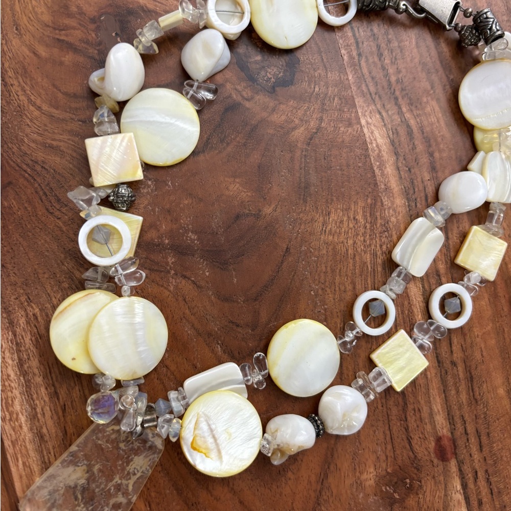 Handcrafted vintage Shell MOP Quartz Statement Necklace fancy clasp